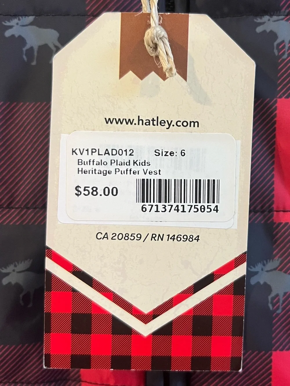 Hatley Heritage Boys Size 6 Buffalo Plaid Quilted Puffer Vest Moose NWT